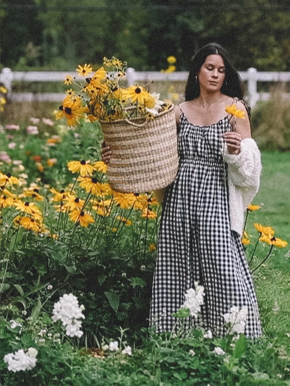 Doen Leslie Marilyn Gingham Black and White Checkered Linen Midi Smocked Dress